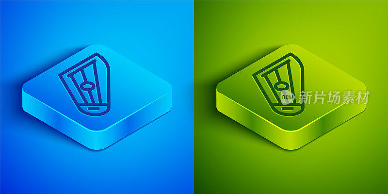 Isometric line Musical instrument kankles icon isolated on blue and green background. Square button. Vector
